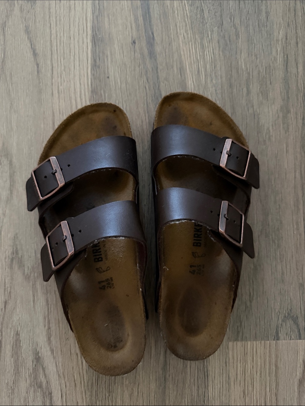 Birkenstock Dark Brown Men’s Two-Strap Sandals with Copper Buckles